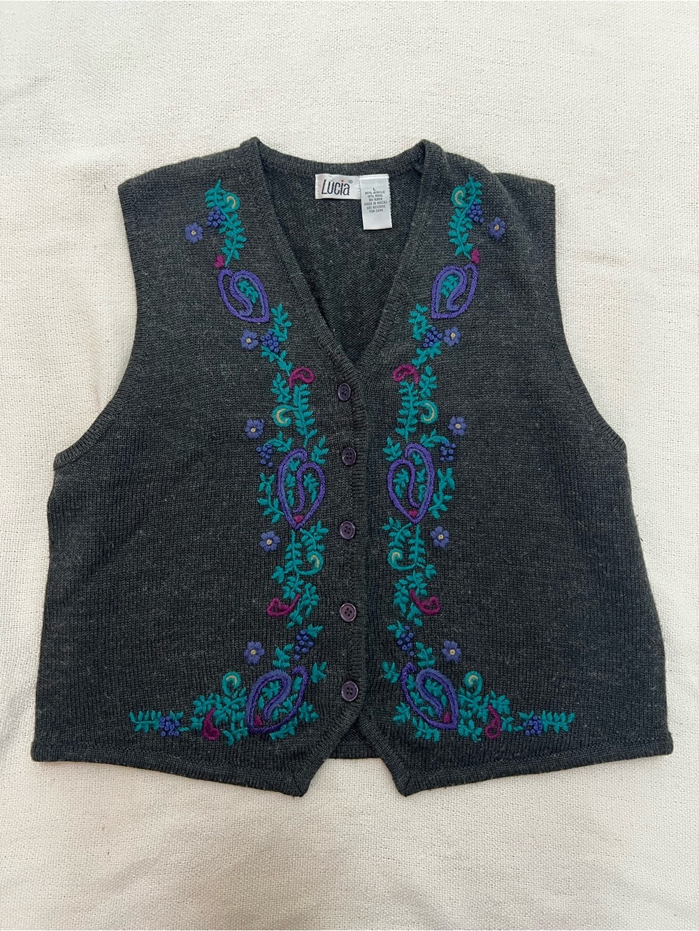 Lucia Charcoal Embroidered V-Neck Sweater Vest